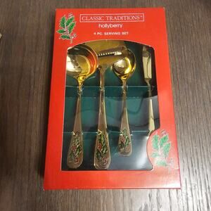 Christmas Holly Berry Gold Plated Stainless Serving 4 Pc Set Holiday NOS
